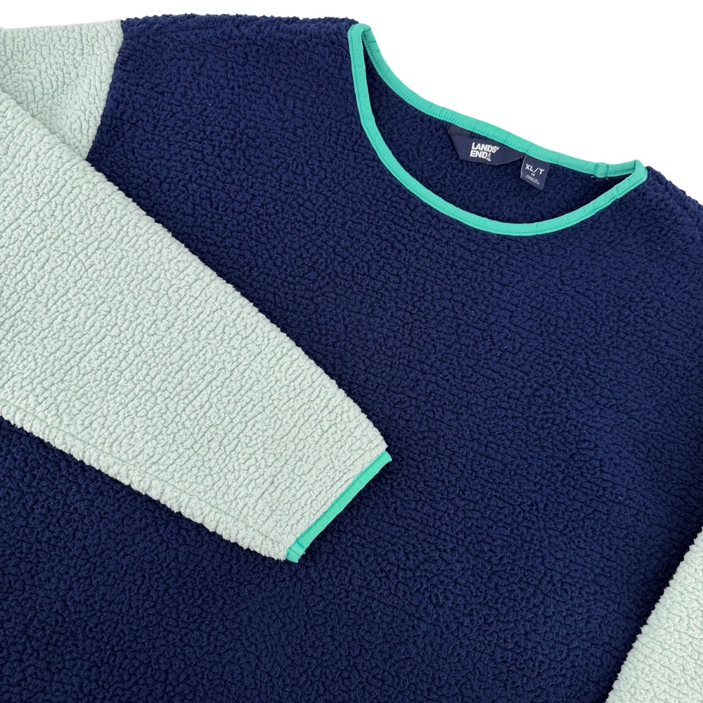 Lands' End Women's XL Tall Sherpa Fleece Pullover Navy Mint Crewneck Sweatshirt